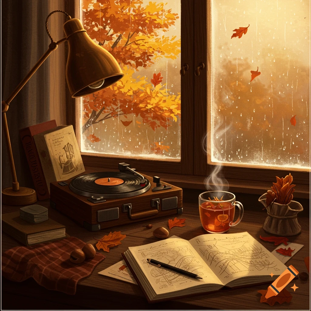 A cozy autumn scene by a window with rain. A desk holds a vintage turntable, open books, a desk lamp, and a steaming mug of tea.
