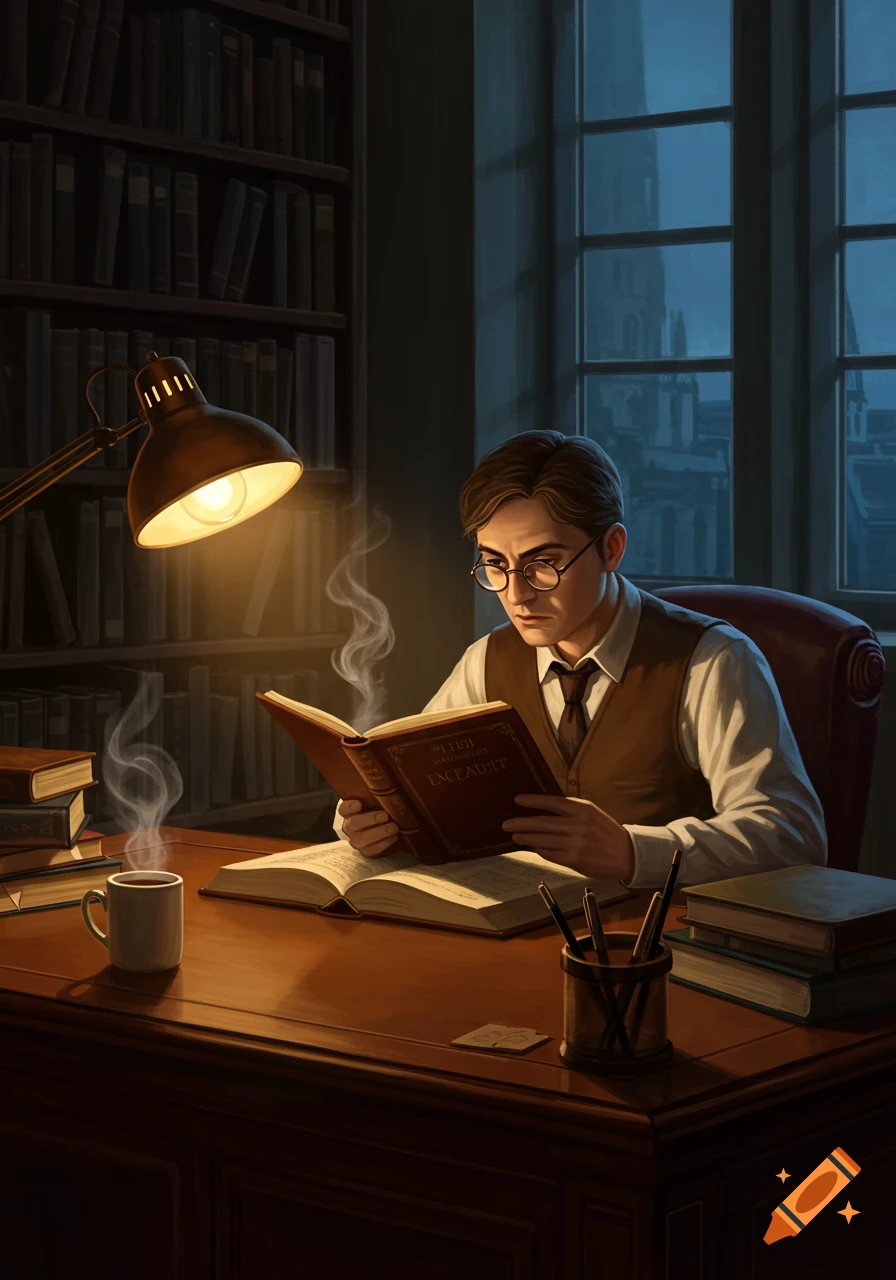 A man with glasses reads a book in a dimly lit study with bookshelves, a lamp, and a steaming cup on the desk. Dark academia style.