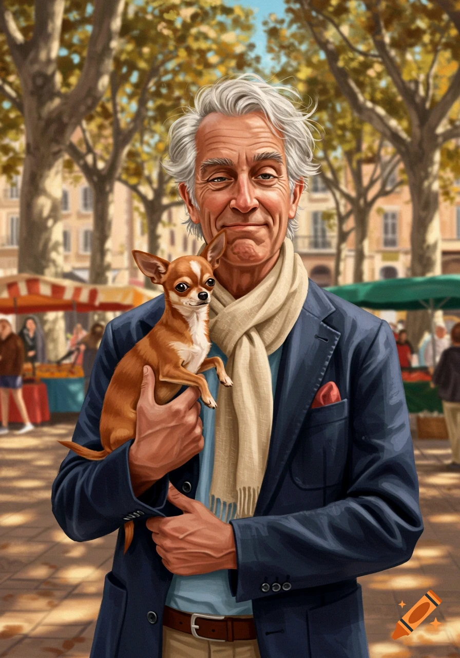 An illustration of an older man with white hair, smiling and holding a small brown chihuahua, in an outdoor market with autumn trees.
