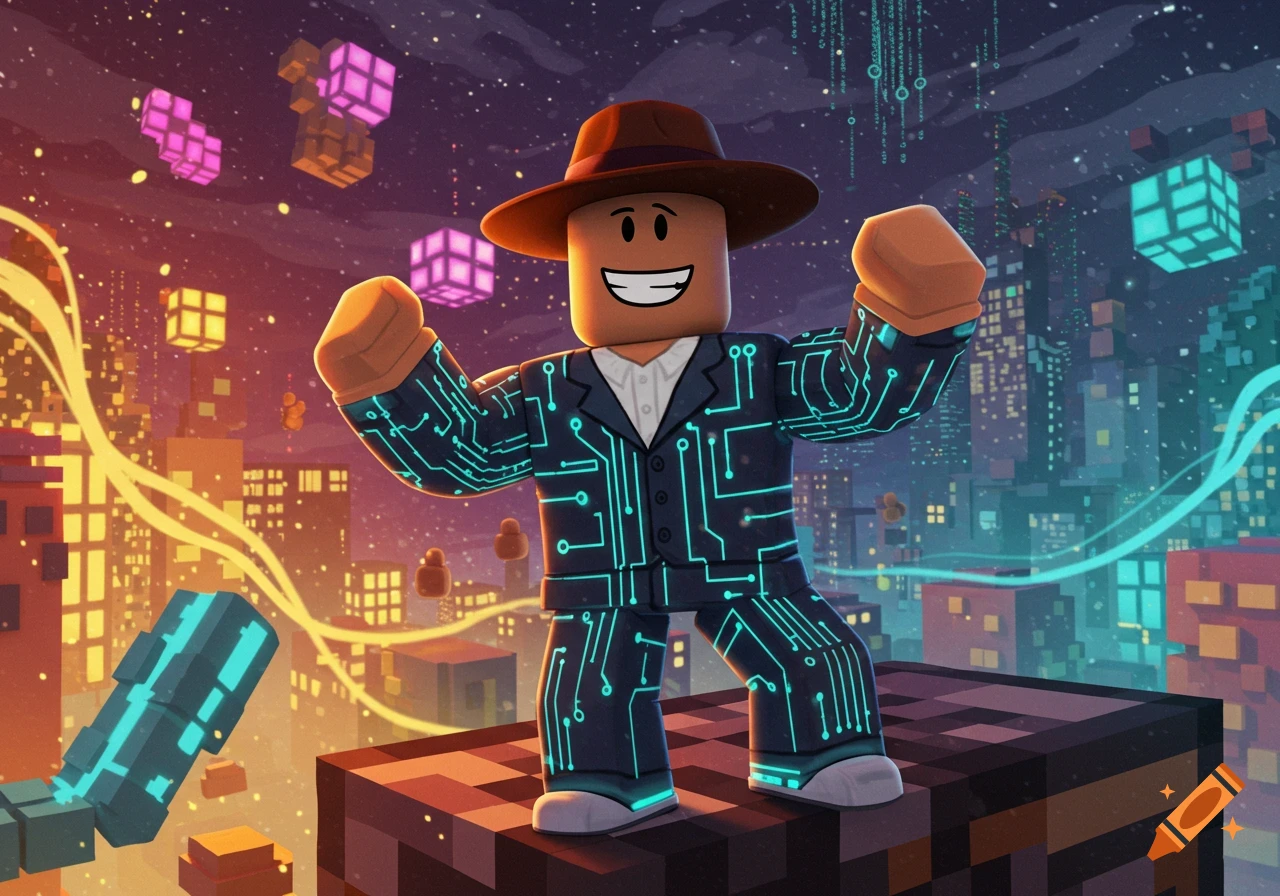 A brown-skinned Roblox avatar in a circuit-patterned suit and fedora, standing on a blocky rooftop in a vibrant digital city at night.