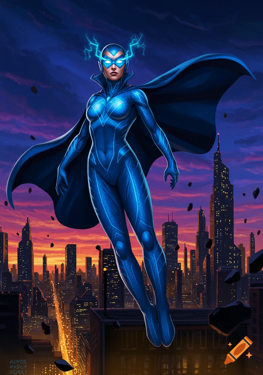 Blue-suited female superhero with lightning around her head flies over a sunset city in a detailed comic art style.