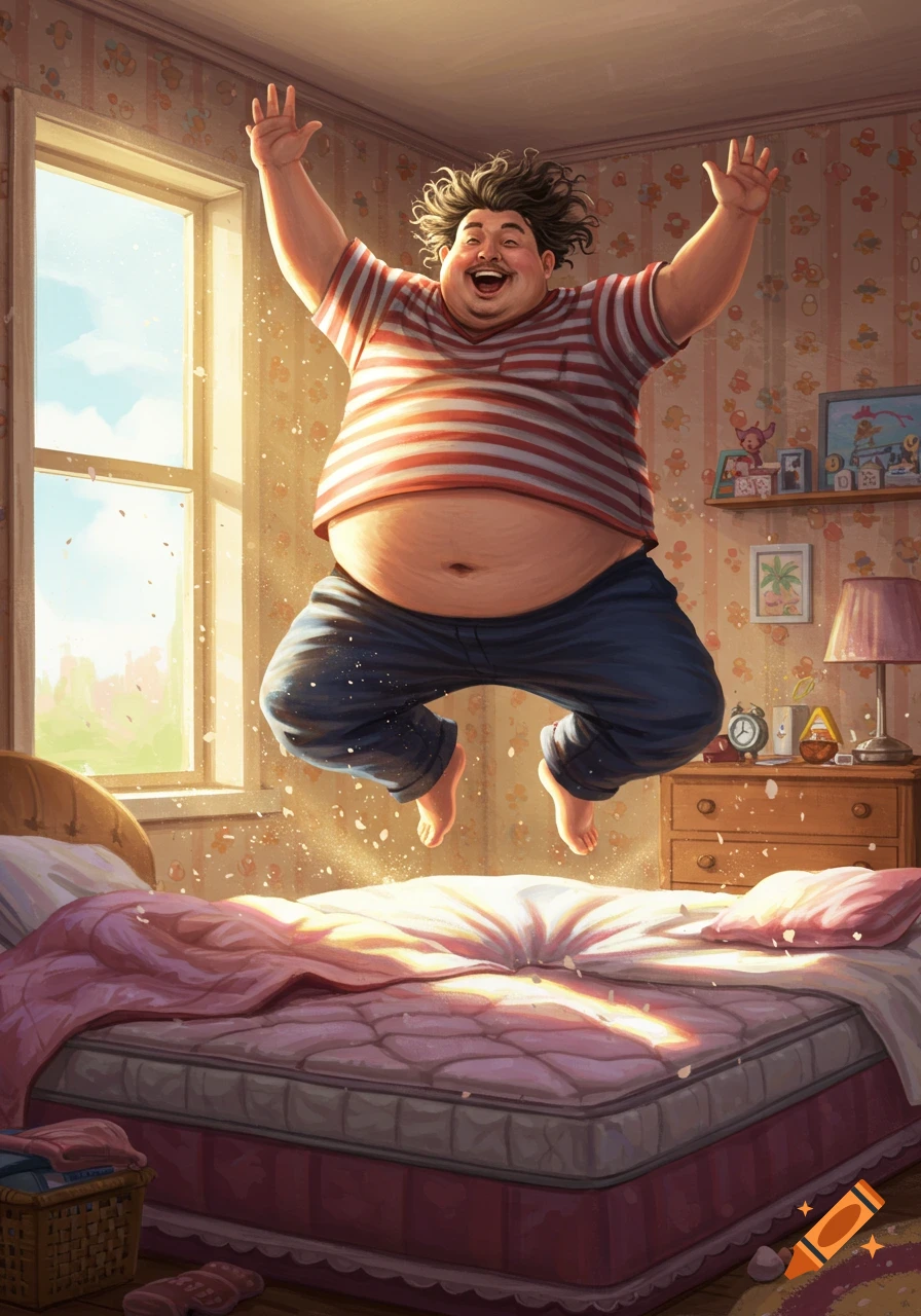 A fat man with messy hair and a striped shirt jumps excitedly on a bed in a sunlit bedroom.
