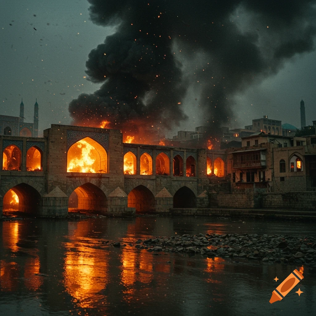 Hyper-realistic cinematic photo of an old stone bridge and traditional houses ablaze with fire and smoke over a river at night.