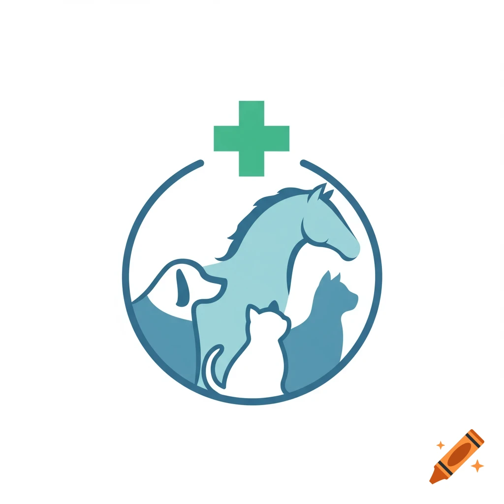 Minimalist vector logo for veterinary medicine with silhouettes of a dog, cat, and horse in a blue circle, with a green medical cross above it.