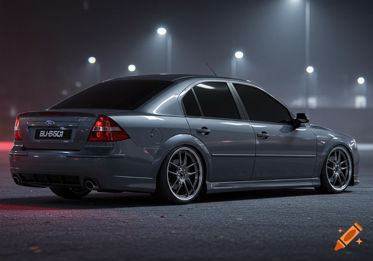 A photorealistic charcoal grey Ford Mondeo mk3 car, lowered with multi-spoke rims and tinted windows, parked at night.