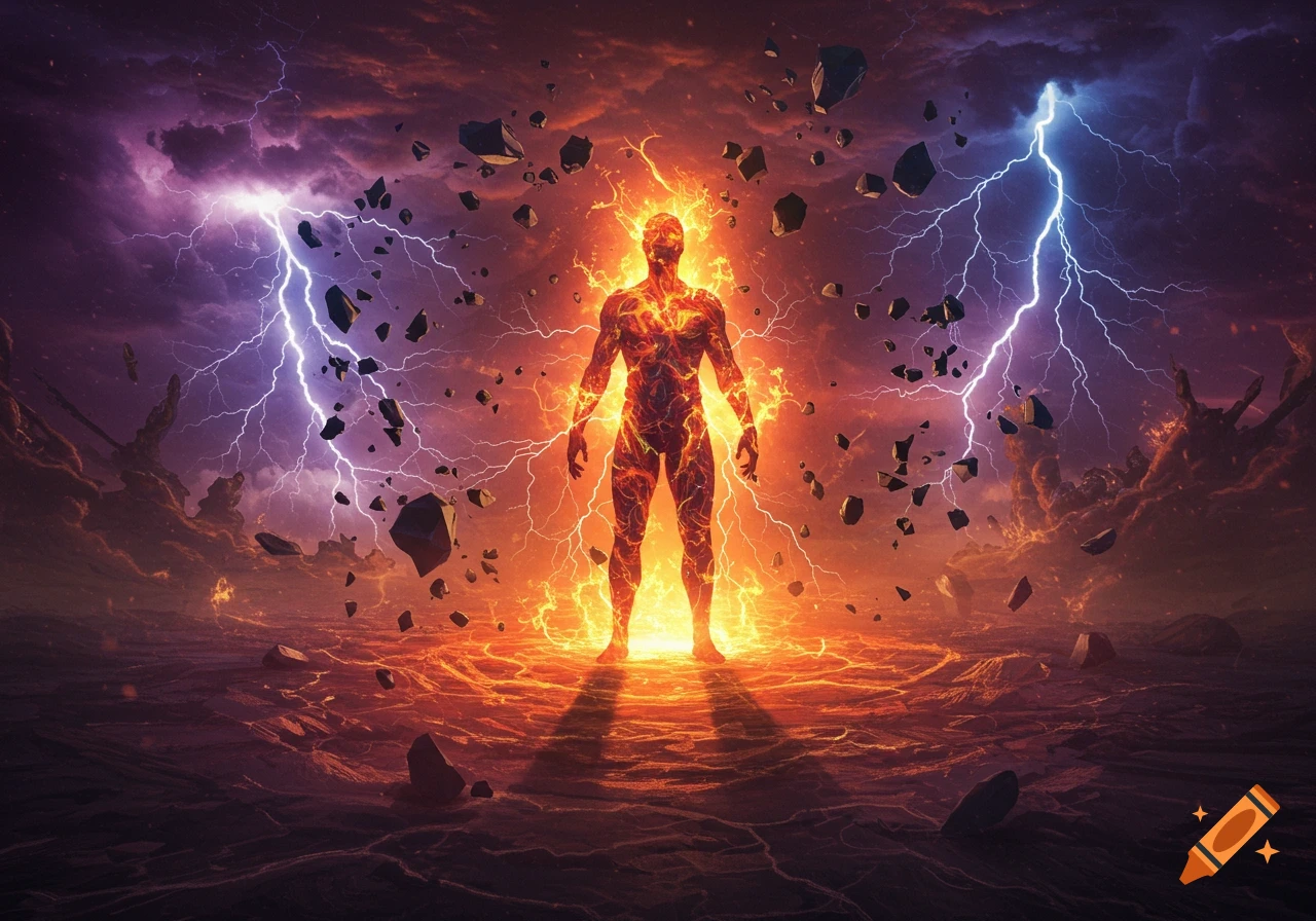 Powerful fiery elemental figure with lightning and floating rocks in a stormy, lava-filled landscape.