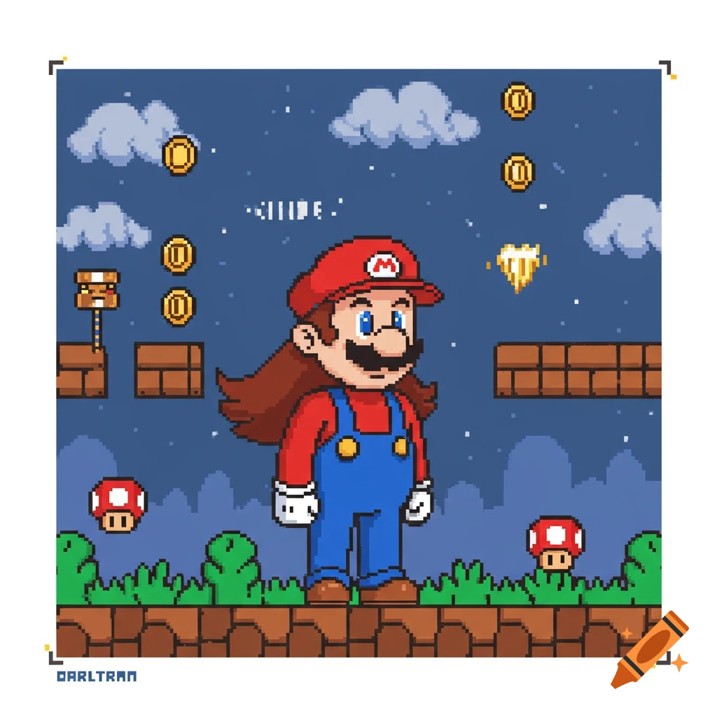 Pixel art character resembling Mario with long brown hair, red cap, and blue overalls, in a night video game scene.
