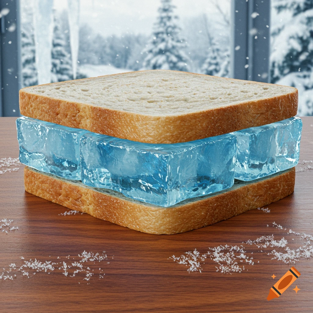 Photorealistic ice sandwich with ice cubes between bread slices on a wooden table, snowy window background.