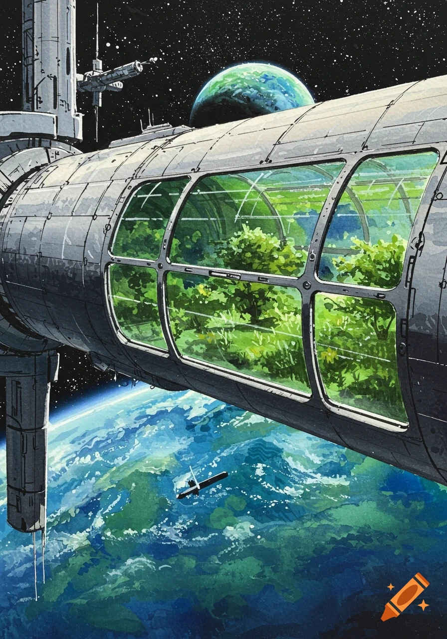 Gouache painting of a space station with a lush green garden visible through large windows, orbiting a blue-green planet.