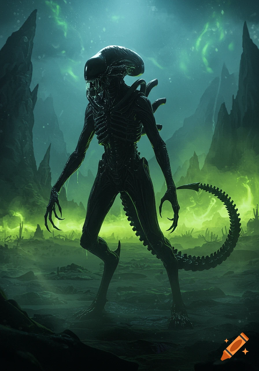 A detailed Xenomorph stands in a misty, green-lit alien landscape with jagged rock formations, sci-fi horror art.