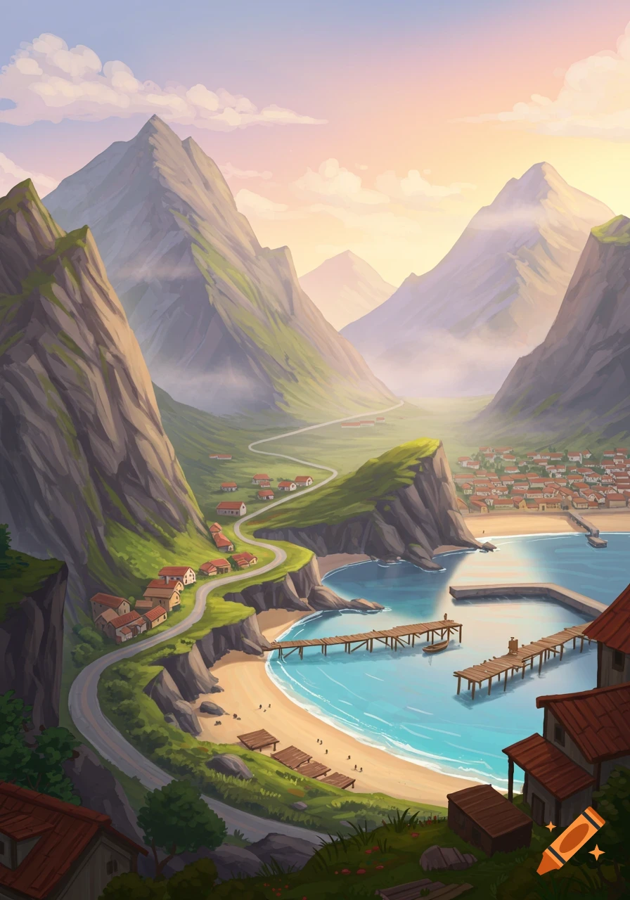 Illustrated coastal village in a bay with docks, winding road, and lush mountains under a warm sky.