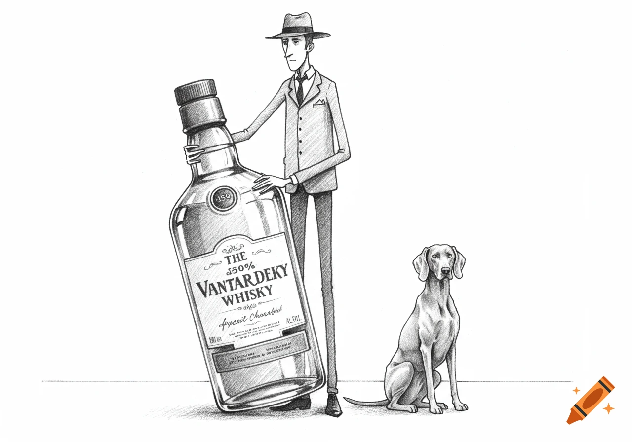 Black and white pencil drawing of a man in a suit holding a giant whisky bottle, with a Weimaraner dog sitting next to him.