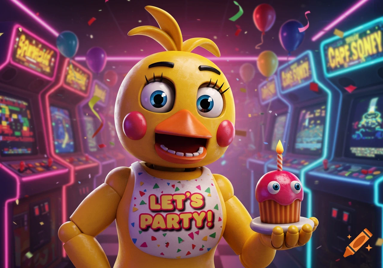Toy Chica, a yellow animatronic chicken, smiles in an arcade, holding a cupcake with a candle. Neon lights, balloons, and confetti surround her.
