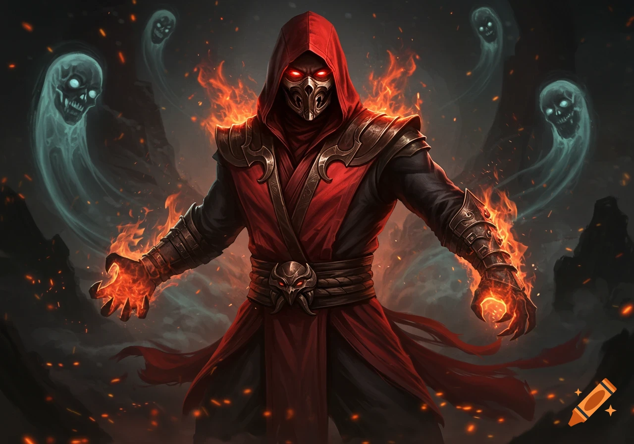 A red-hooded ninja with glowing red eyes and a mask, manipulating fire and surrounded by ethereal blue skulls against a dark, fiery background.