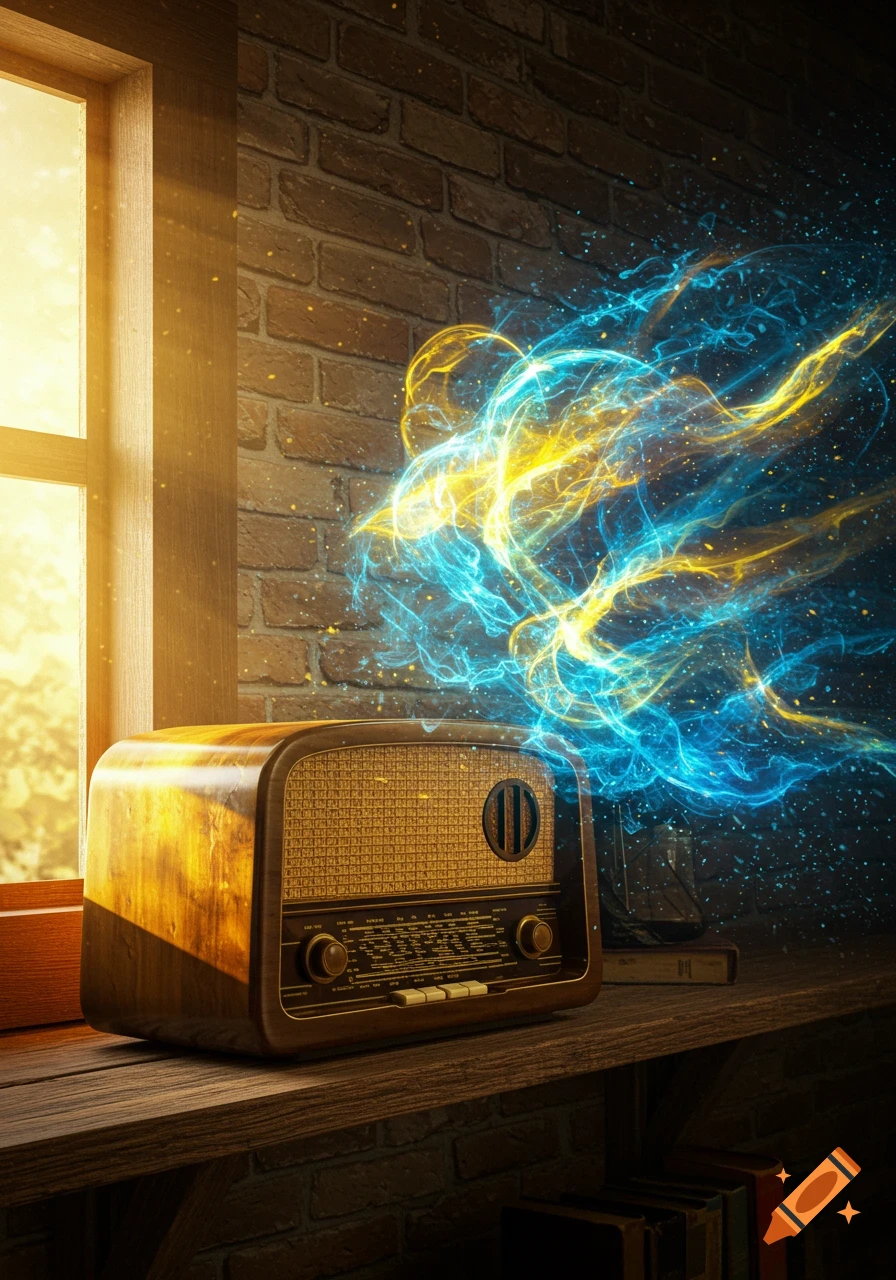 Vintage wooden radio on a shelf by a sunlit window, emitting swirling blue and yellow light.