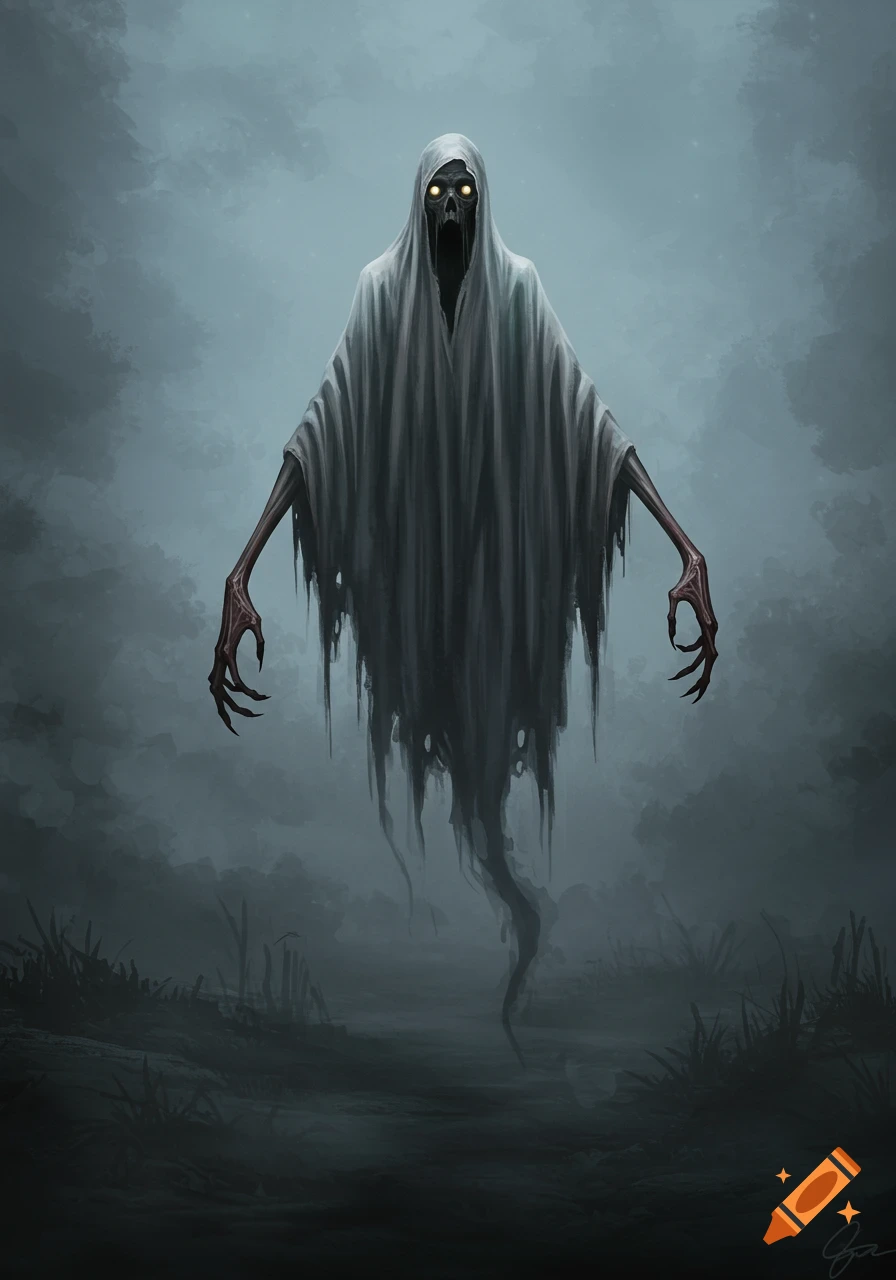 A terrifying hooded ghost with glowing yellow eyes and skeletal clawed hands floats in a misty, dark swamp.