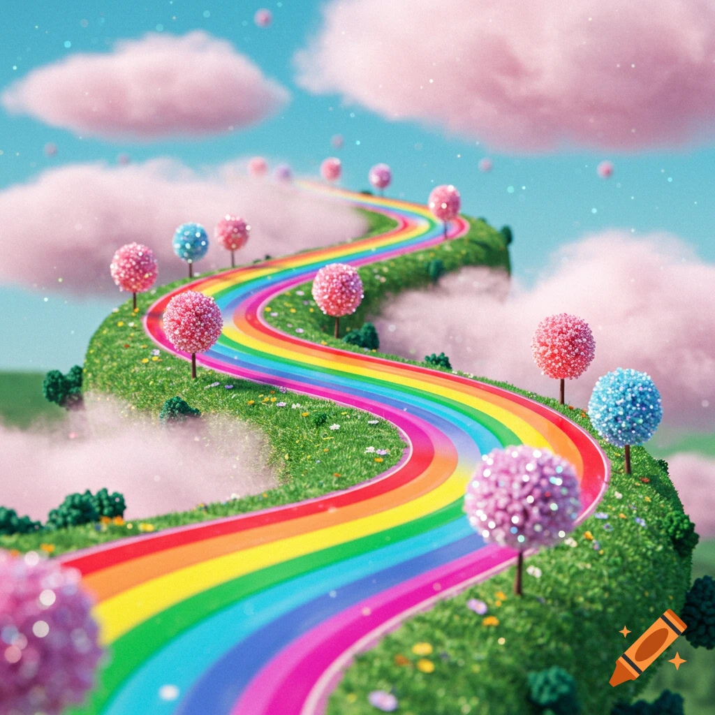 A whimsical rainbow road winds through a sparkling green landscape with pink and blue glitter trees under a sky with pink clouds.