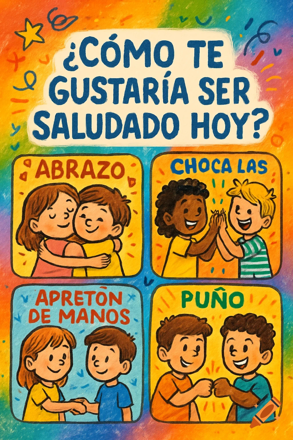 A colorful cartoon poster asking 'How would you like to be greeted today?' with illustrations of kids demonstrating a hug, high-five, handshake, and fist bump.