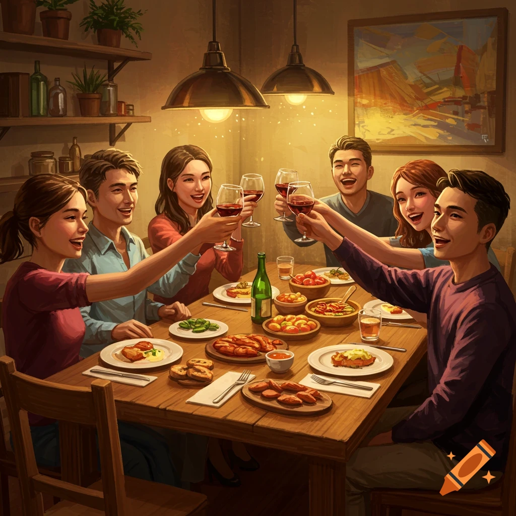 An illustration of six friends gathered around a warm dinner table, raising wine glasses for a toast in a cozy, softly lit room.