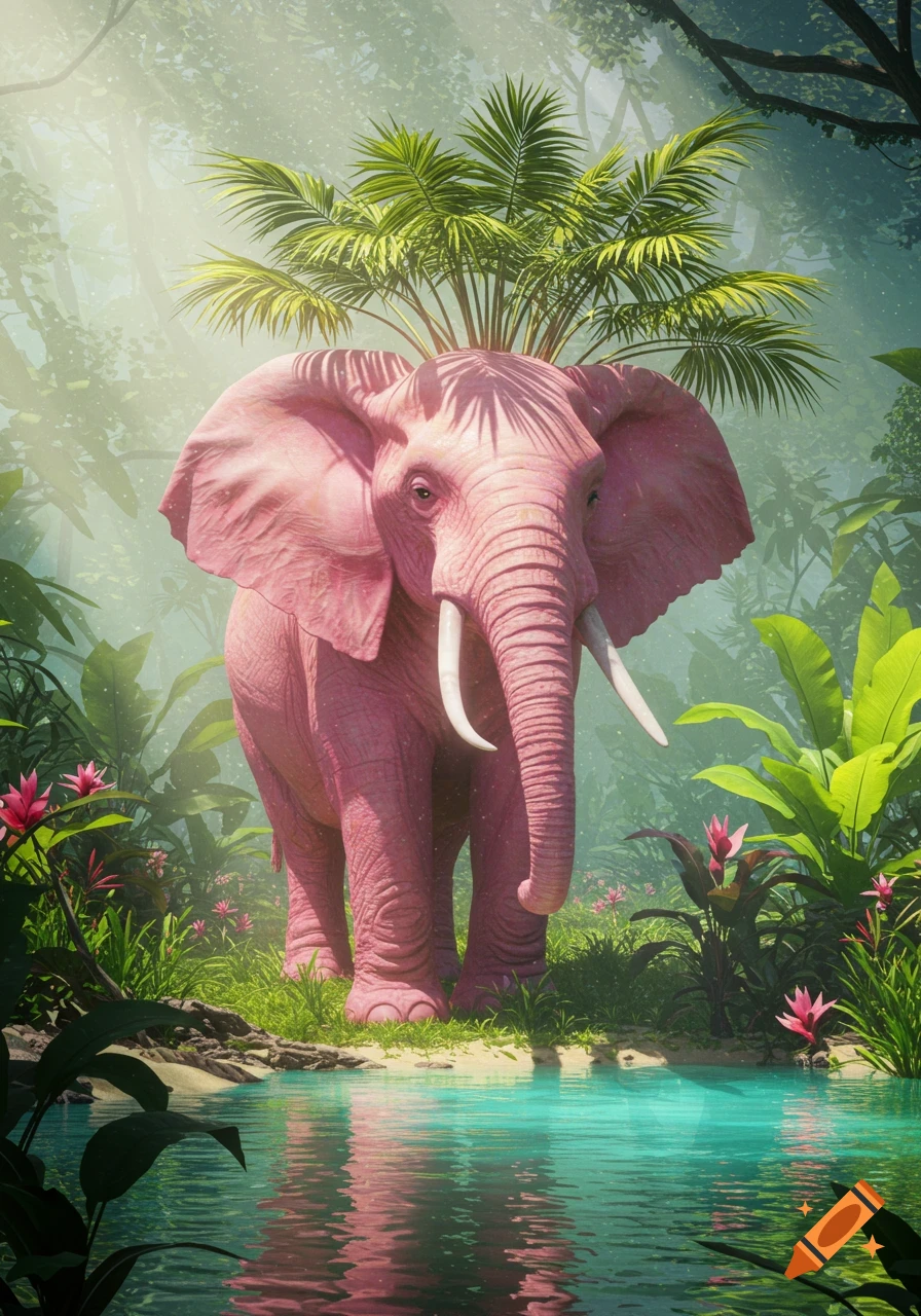 A vibrant pink elephant with large ears and white tusks stands in a lush, sunny jungle. Palm leaves sprout from its head. A clear blue river reflects the scene.