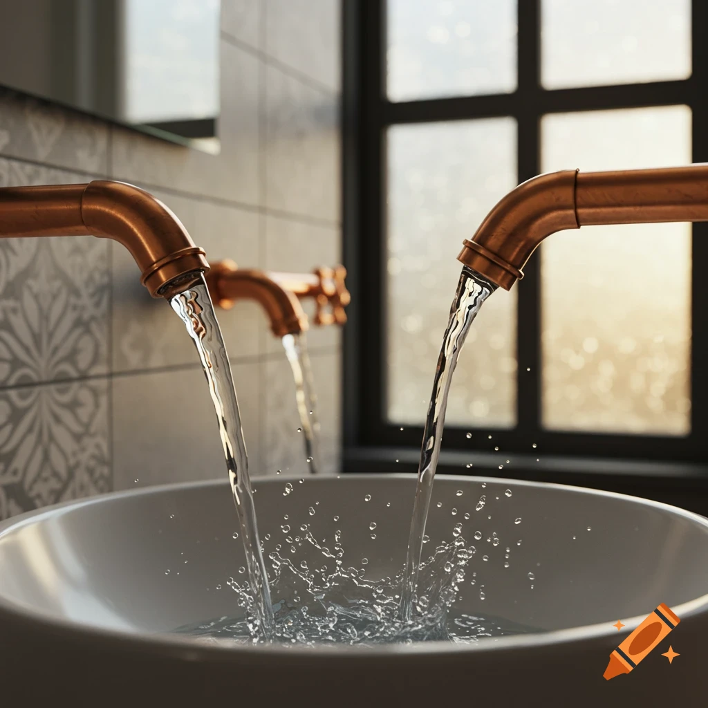 Two copper faucets pour streams of water into a white basin sink in a modern bathroom.