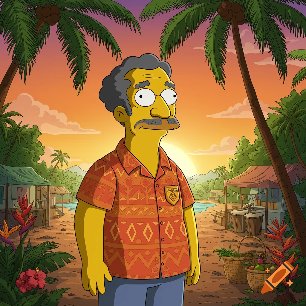 Superintendent Chalmers from The Simpsons in a vibrant cartoon style, standing in a tropical setting with palm trees and a sunset.