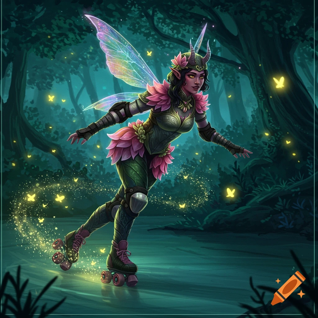 A fairy-like character with glowing wings and petal-like armor roller skates through a dark, magical forest lit by fireflies.