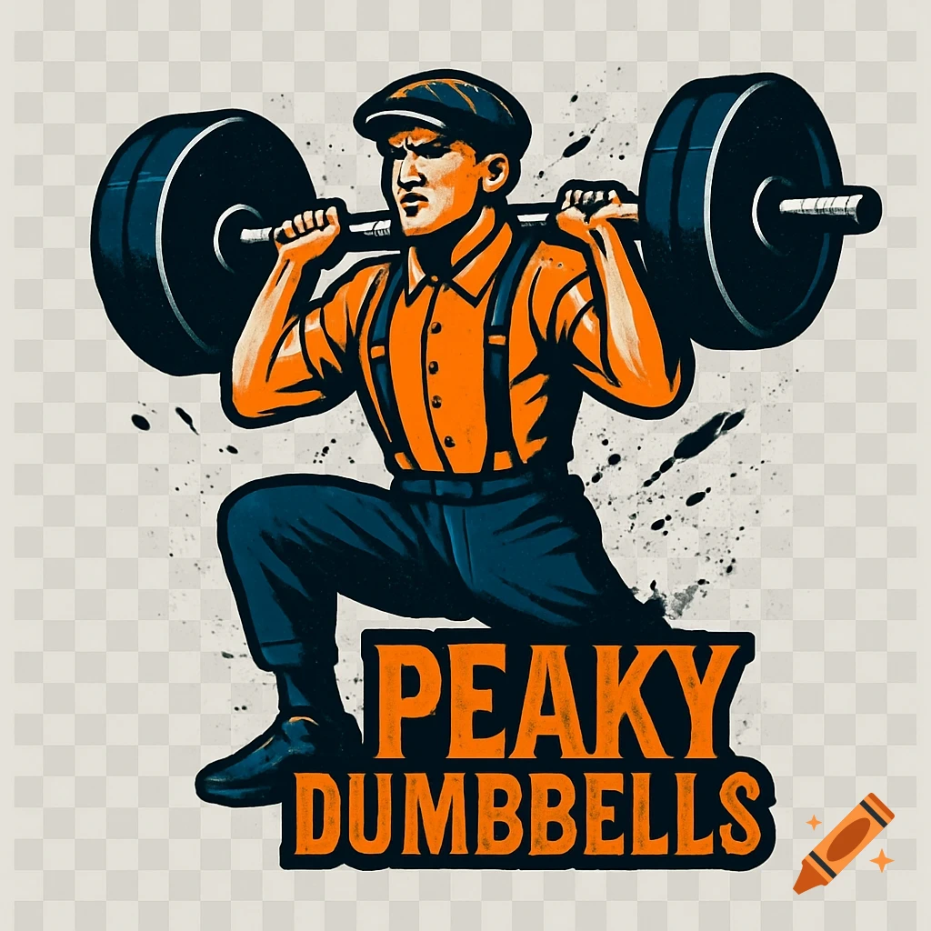 A graphic illustration of a man in a flat cap and suspenders squatting with a barbell, 'PEAKY DUMBBELLS' text below.