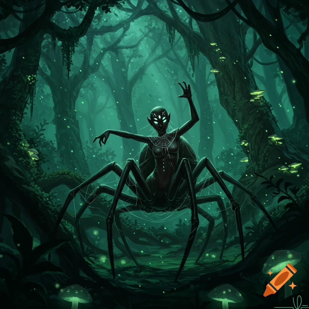 A dark fantasy digital illustration of a spider woman (arachne) with multiple glowing eyes posing in an enchanted, glowing green forest.