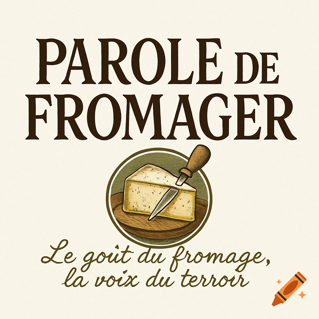 Vintage logo for a cheese magazine, 'Parole de Fromager', with a cheese wedge and knife.