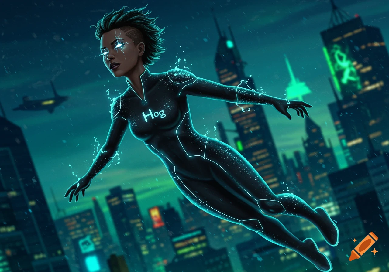 A dark-skinned superheroine in a black and neon blue suit floats over a futuristic cityscape at night, digital art.