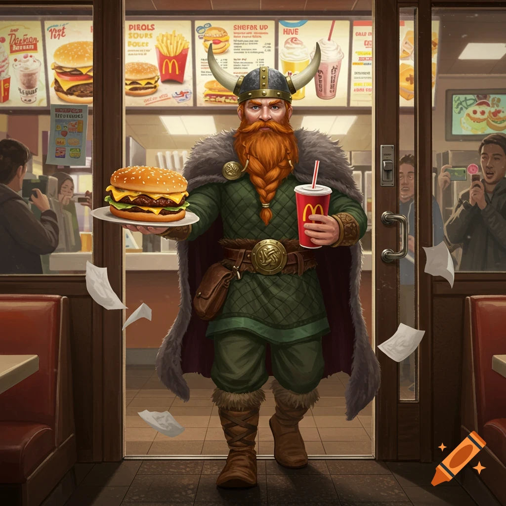 A Viking warrior with a red beard and horned helmet stands in the doorway of a McDonald's, holding a burger and a soda.