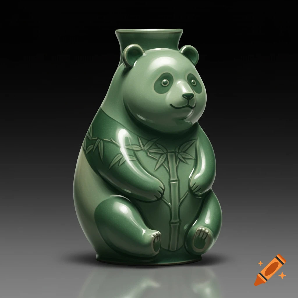 A jade green celadon vase shaped like a sitting panda, adorned with bamboo patterns, against a dark background.