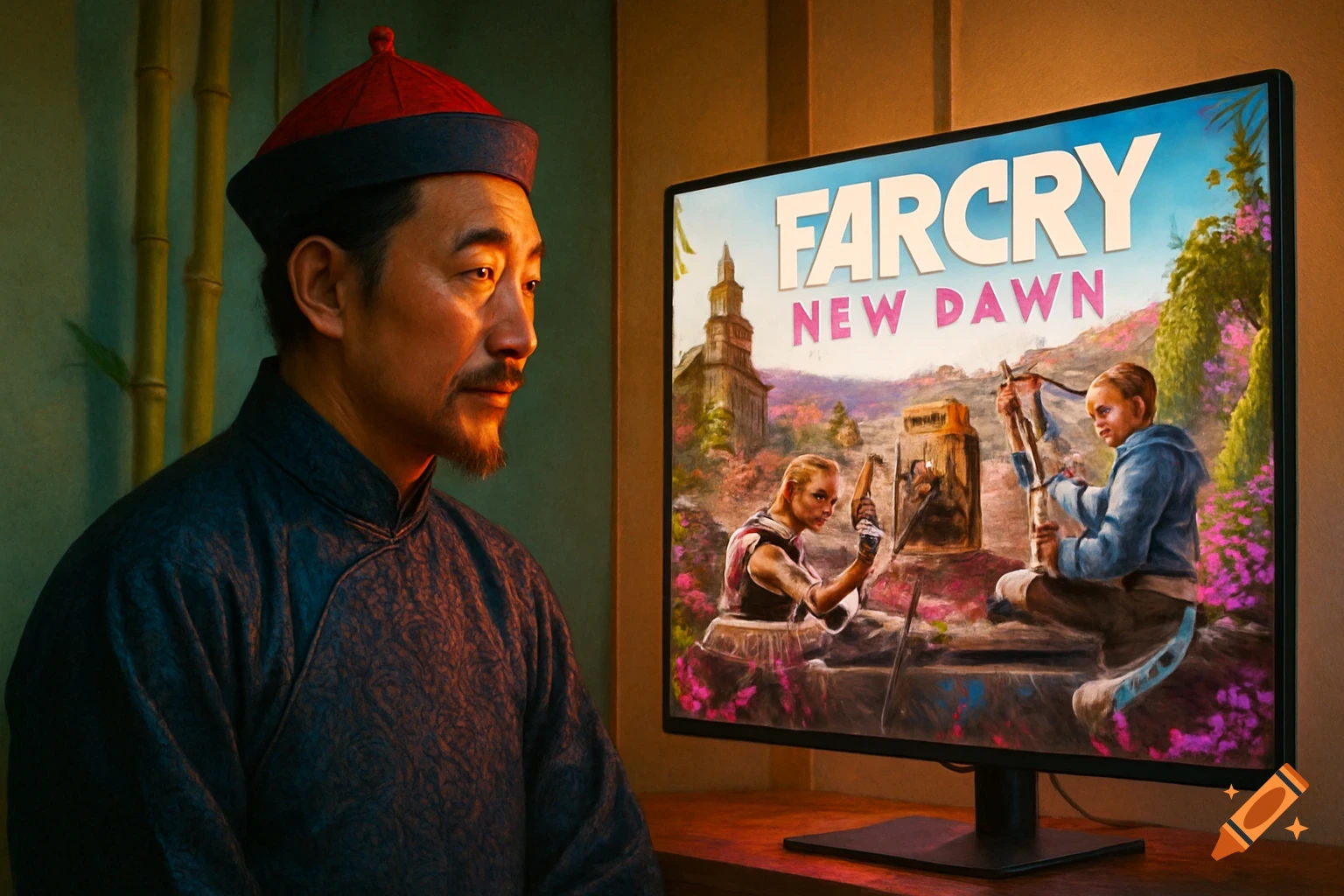 An Asian man in traditional attire with a red cap looks at a computer monitor displaying the 'Far Cry New Dawn' game cover.