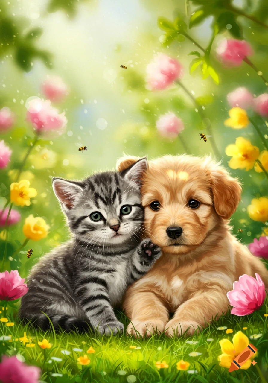 An illustration of a cute tabby kitten and a golden retriever puppy sitting together in a vibrant, blooming garden with bees.