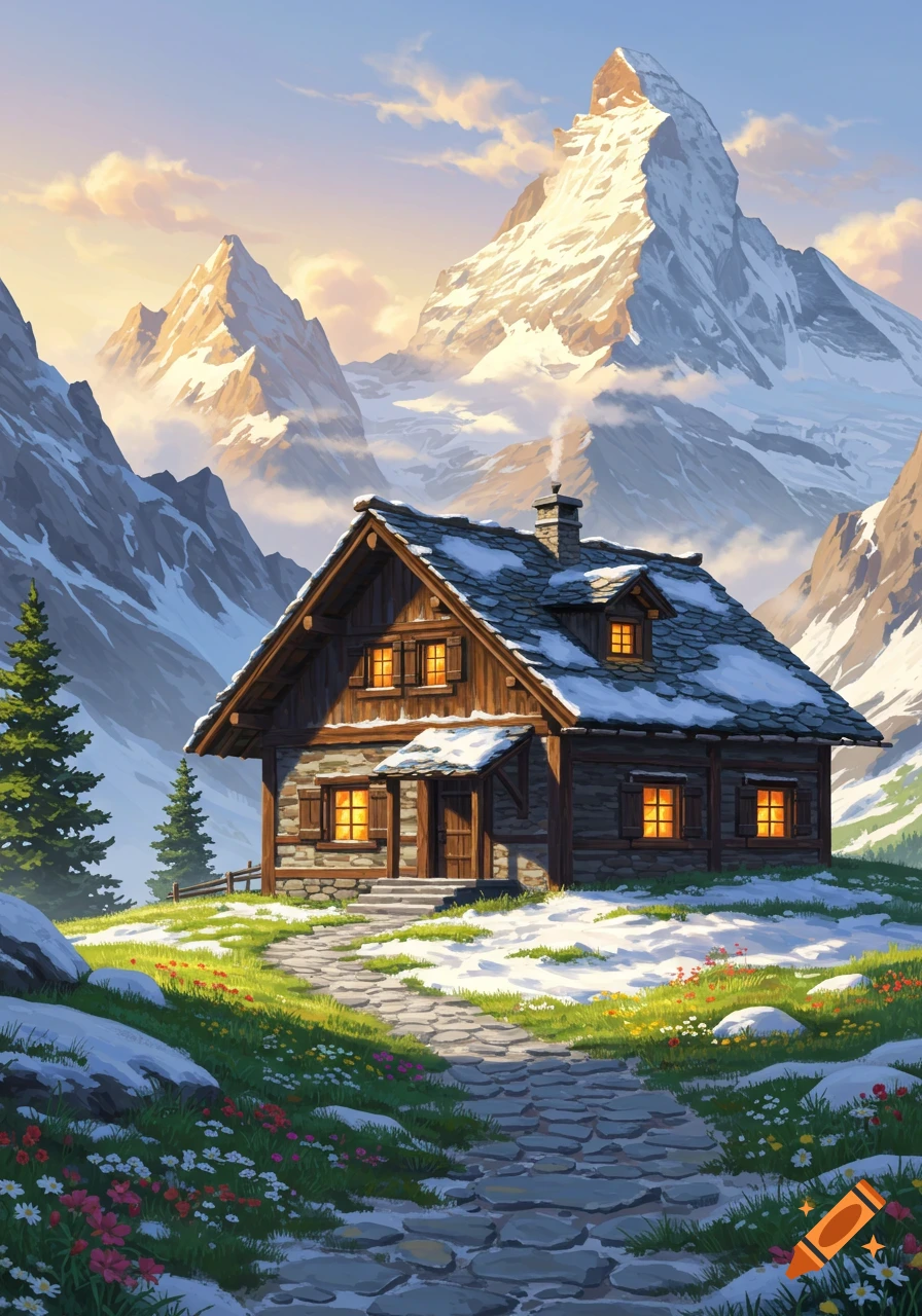 A stylized alpine cabin with glowing windows nestled in a snowy mountain landscape with a winding cobblestone path and colorful flowers.