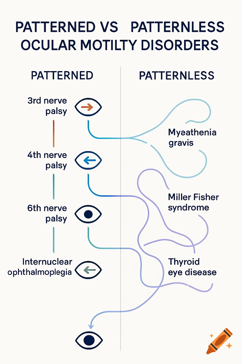 A medical flowchart comparing patterned and patternless ocular motility disorders with examples.