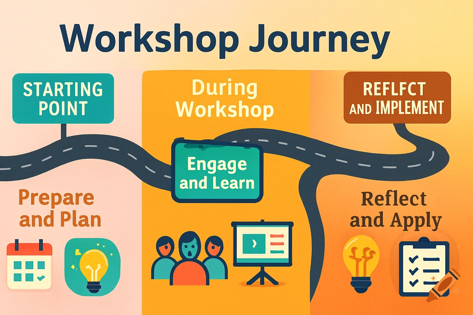 Colorful infographic of a workshop journey roadmap with stages: Prepare and Plan, Engage and Learn, Reflect and Apply.