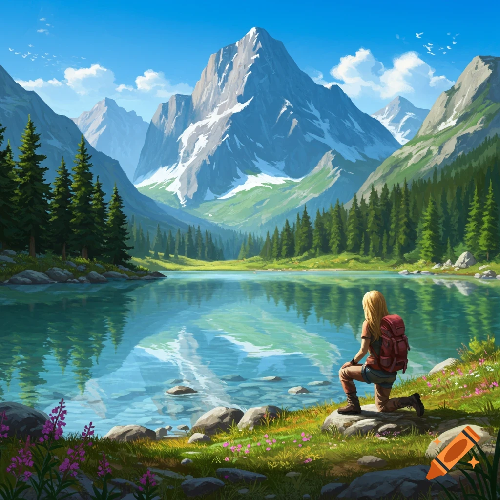 Digital painting of a blonde woman in hiking gear kneeling by a clear mountain lake, surrounded by snow-capped peaks and pine forests.