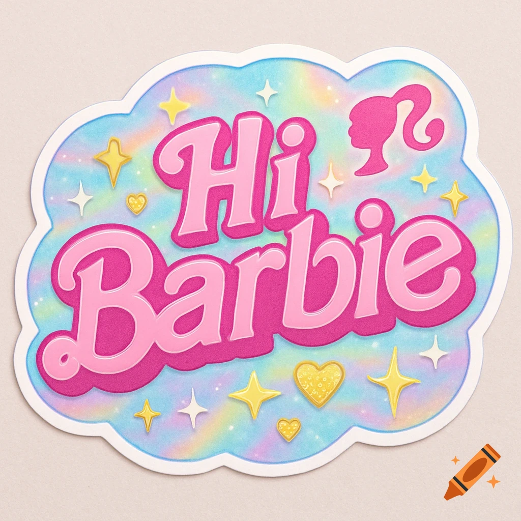 A holographic cloud-shaped sticker with pink bold text reading 'Hi Barbie' and a Barbie silhouette, surrounded by stars and hearts.