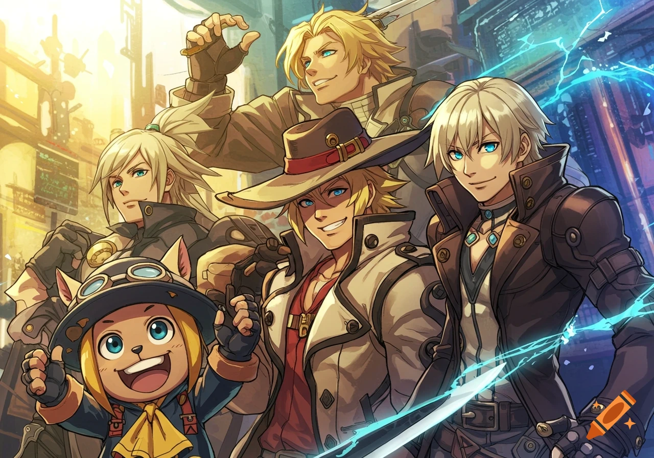 Five anime-style characters, including a small cat-like creature, from Guilty Gear, smile in a group portrait against a futuristic city.