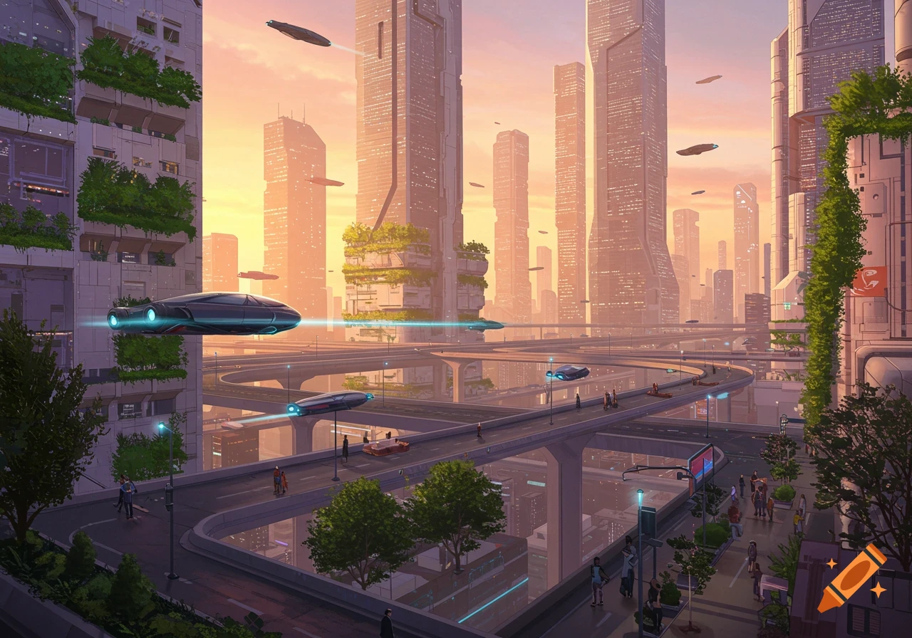 A vibrant futuristic cityscape at sunrise with tall buildings, elevated roads, and flying vehicles.