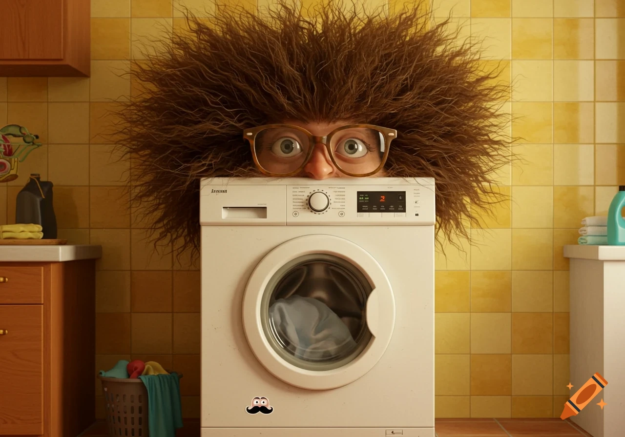 Eyes and nose peeking over a washing machine, framed by wild, frizzy brown hair and glasses, in a yellow-tiled laundry room.