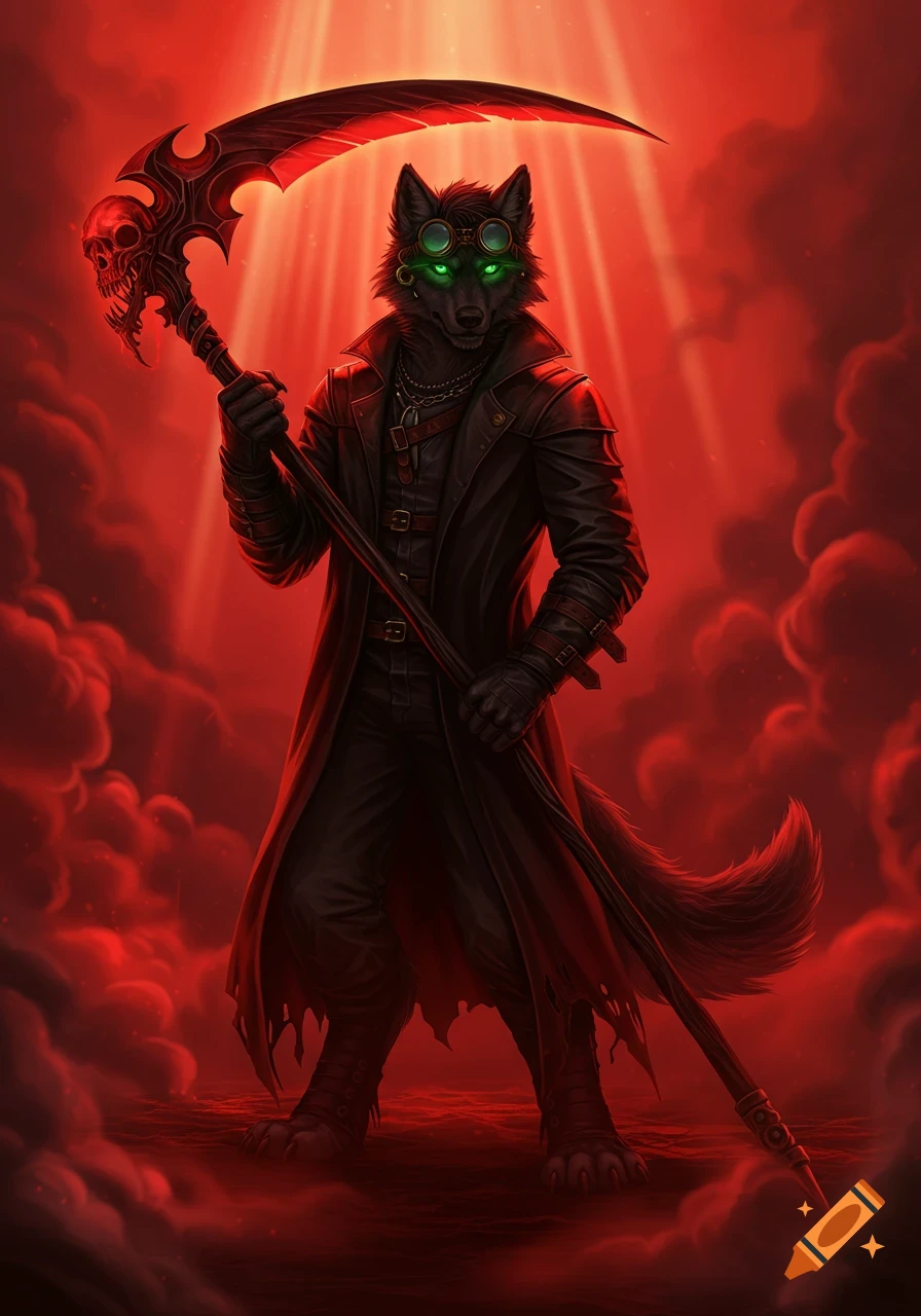 Anthro wolf with glowing green eyes and goggles in a long black coat holds a skull-adorned scythe in a red, smoky hellscape.