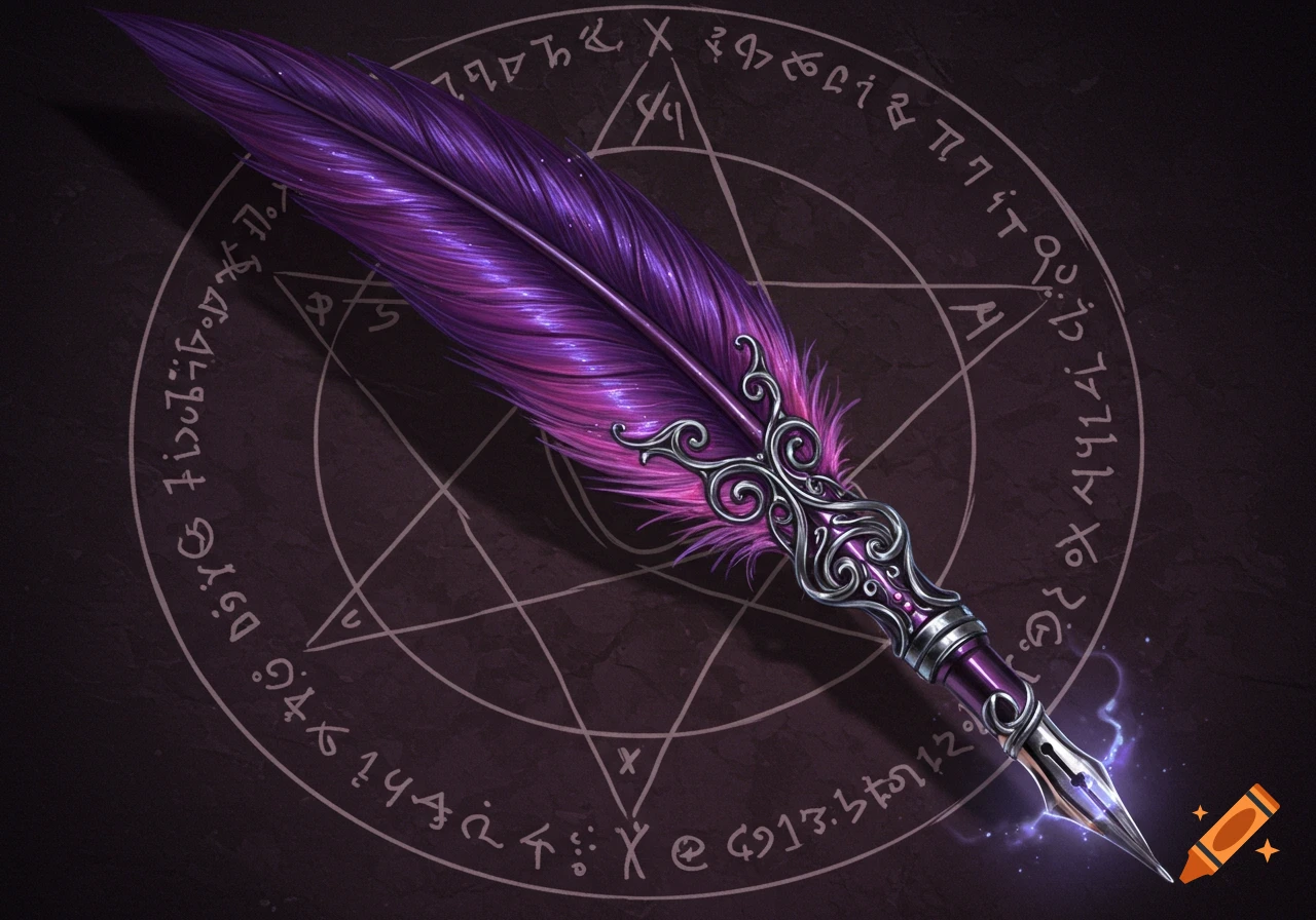 A magical purple quill pen with silver filigree and a glowing nib rests on a dark background with a pentagram and arcane symbols.
