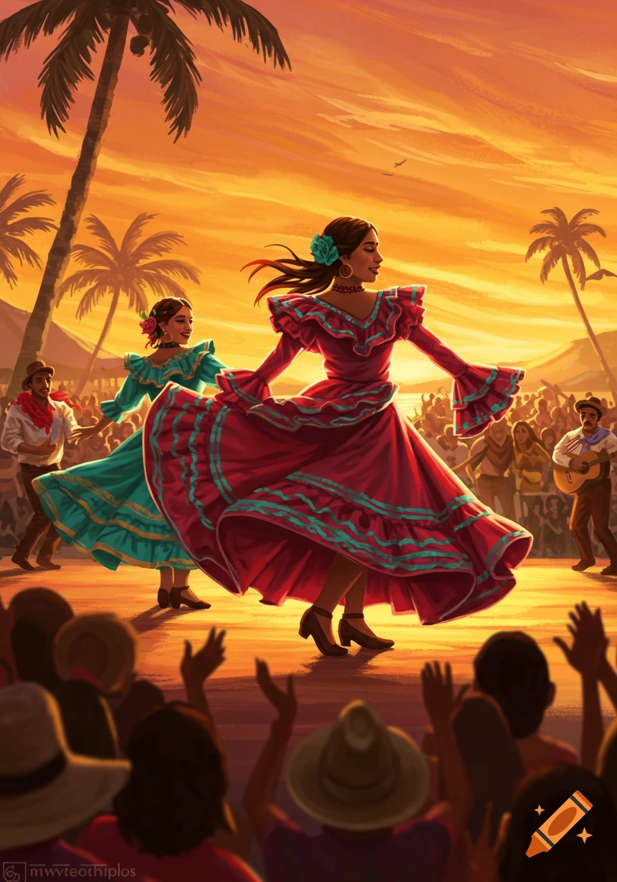 Women in colorful folk dresses dance at a lively sunset festival with palm trees and a cheering crowd.