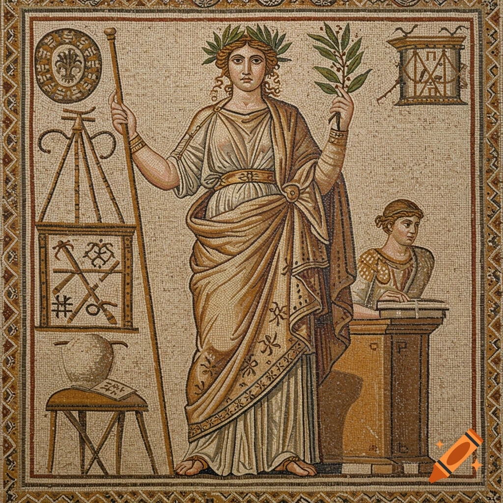 A Roman mosaic depicts Disciplina, goddess of discipline, holding a staff and olive branch, surrounded by scholarly implements and a seated scribe.