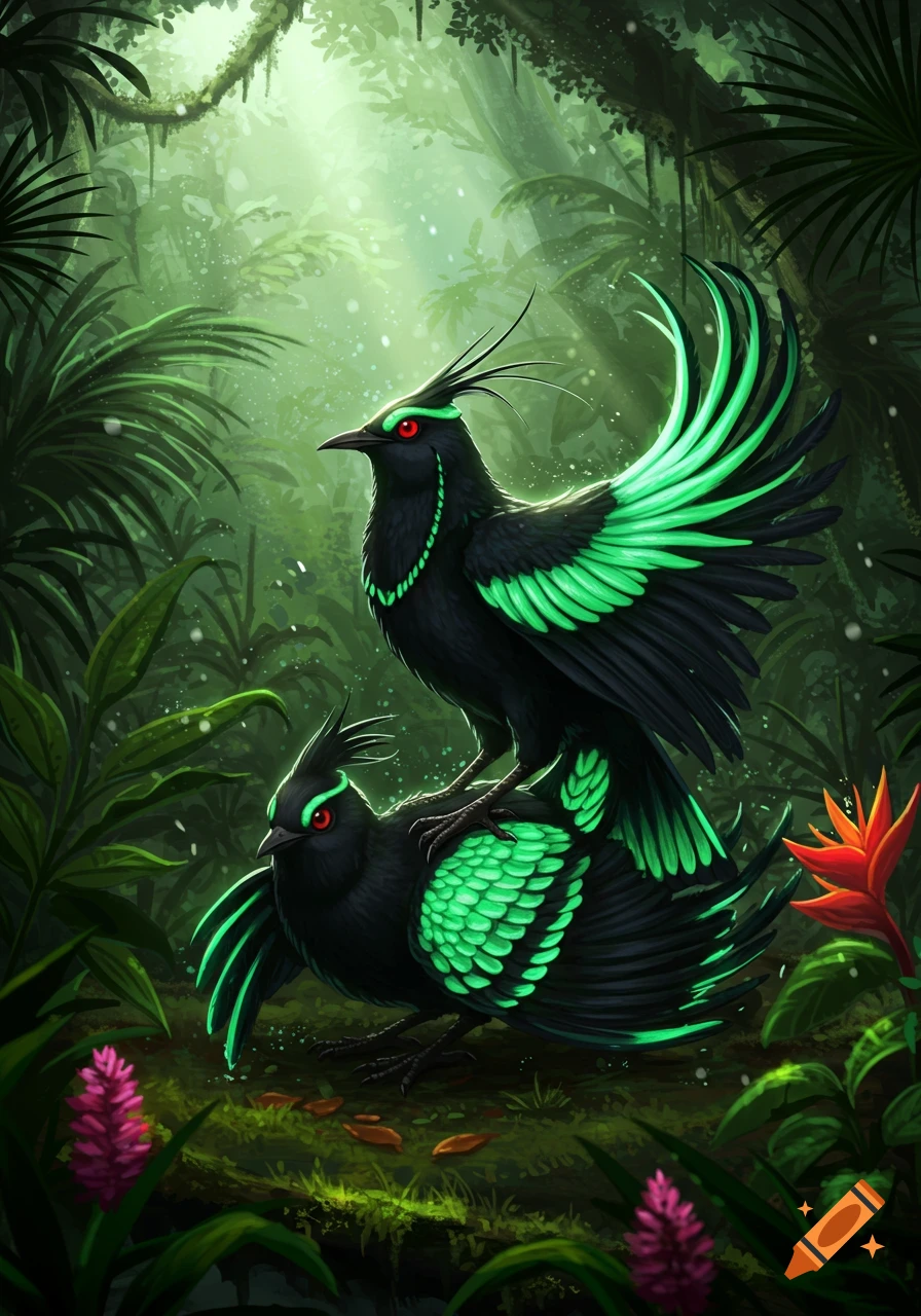 Two stylized black birds with vibrant neon green feathers, one standing on the other, in a lush, misty jungle with exotic flowers.