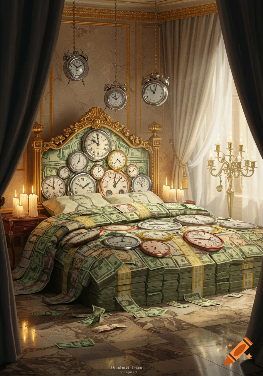 A surreal bedroom with a bed made of stacks of money, covered by a comforter of money, and clocks for sheets and headboard decoration. Alarm clocks hang from the ceiling. A candelabra sits by the window.