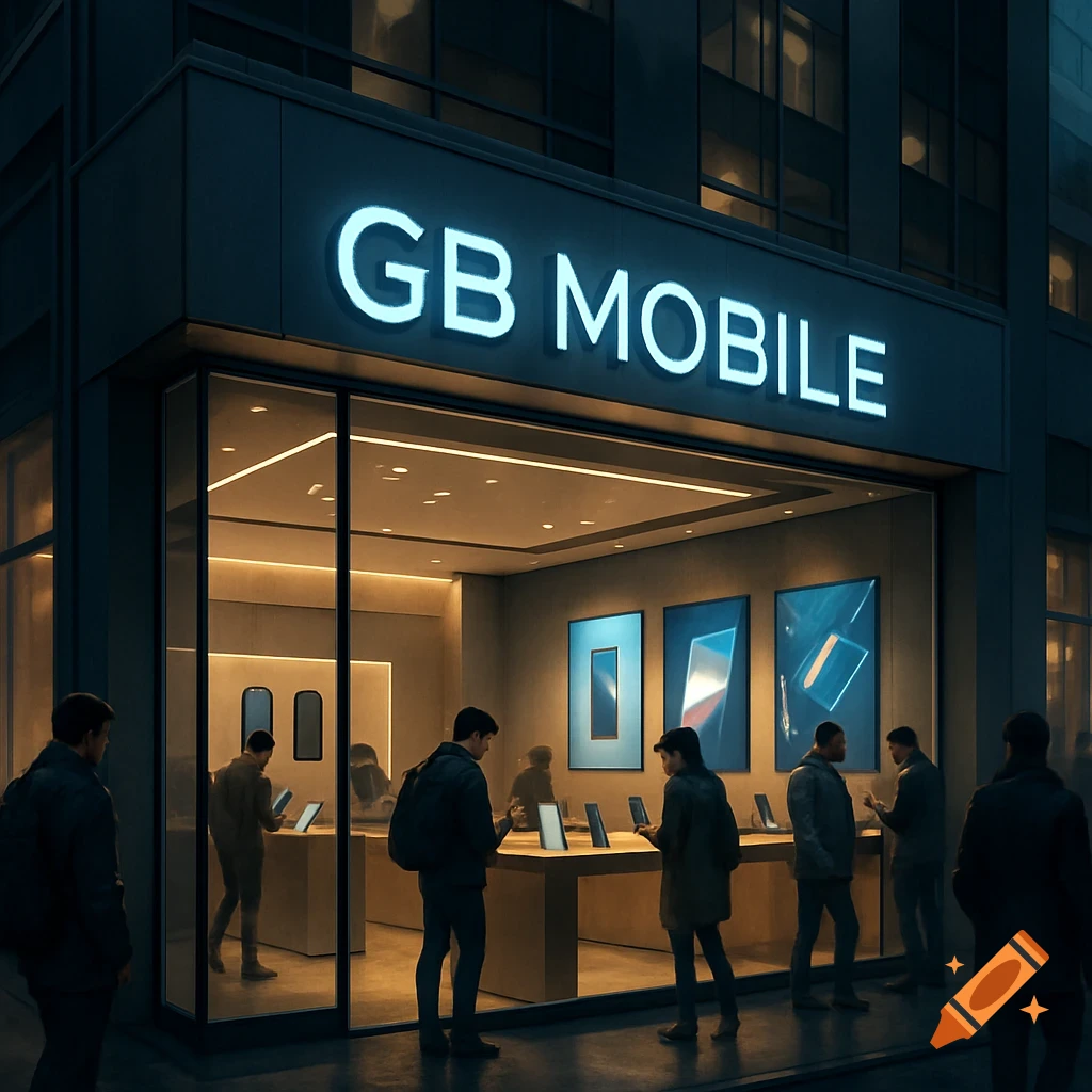 A brightly lit 'GB MOBILE' phone store at night, with several customers browsing phones inside and outside the glass storefront.